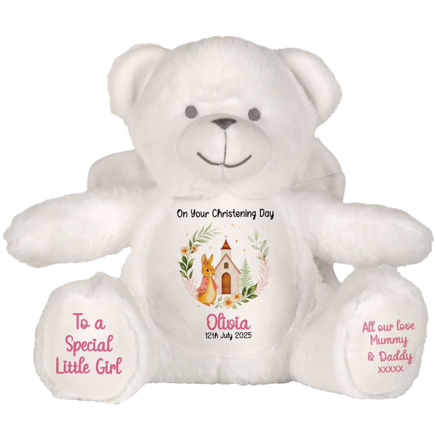 Christening Pink Bunny Church Floral Personalised Angel