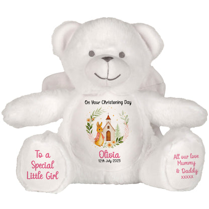 Christening Pink Bunny Church Floral Personalised Angel