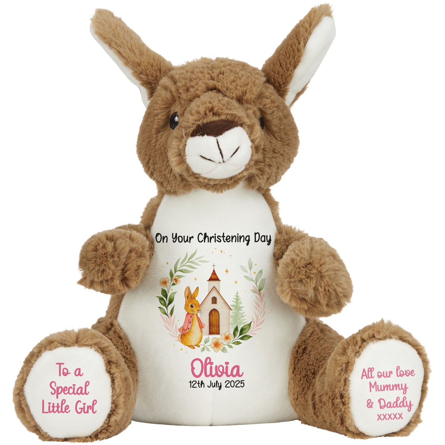 Christening Pink Bunny Church Floral Personalised Kangaroo