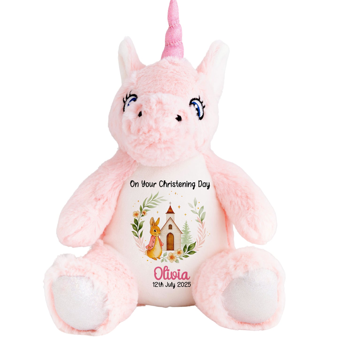 Christening Pink Bunny Church Floral Personalised Unicorn