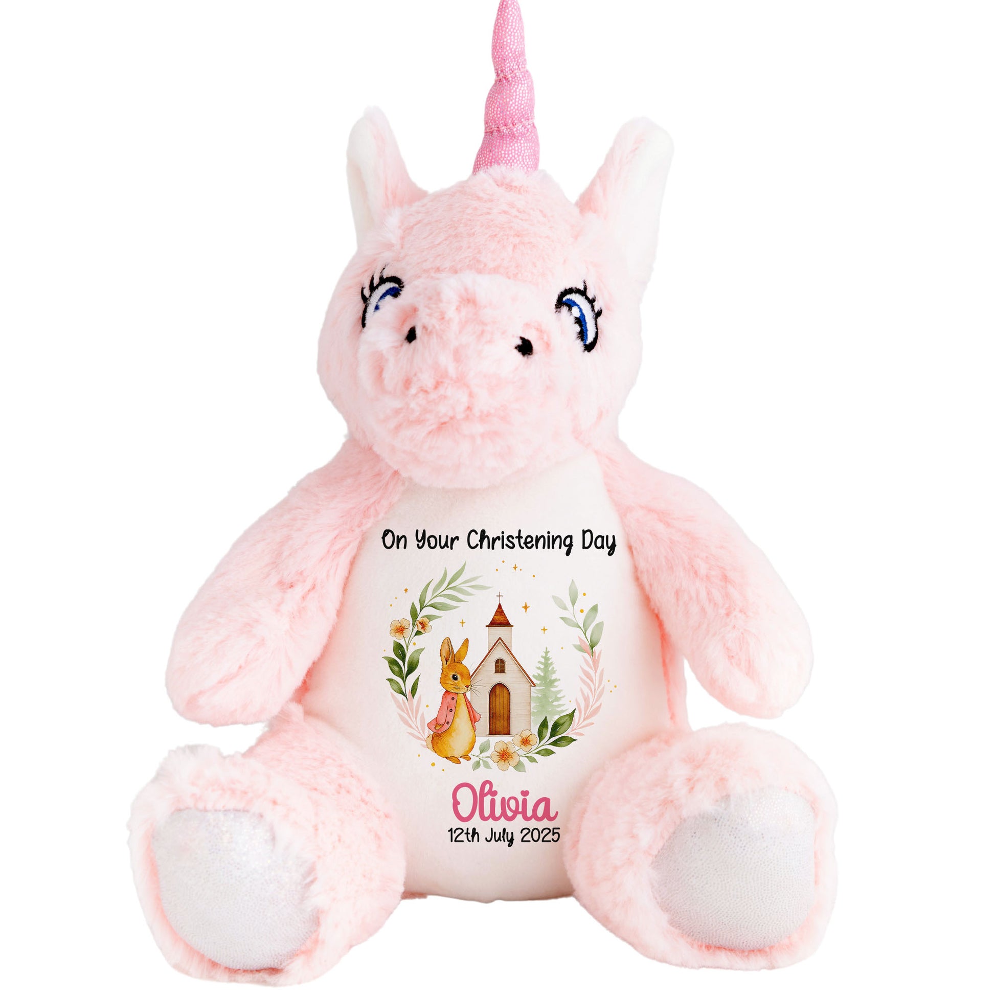 Christening Pink Bunny Church Floral Personalised Unicorn