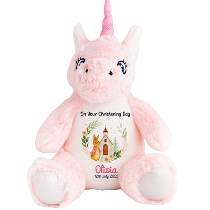 Christening Pink Bunny Church Floral Personalised Unicorn