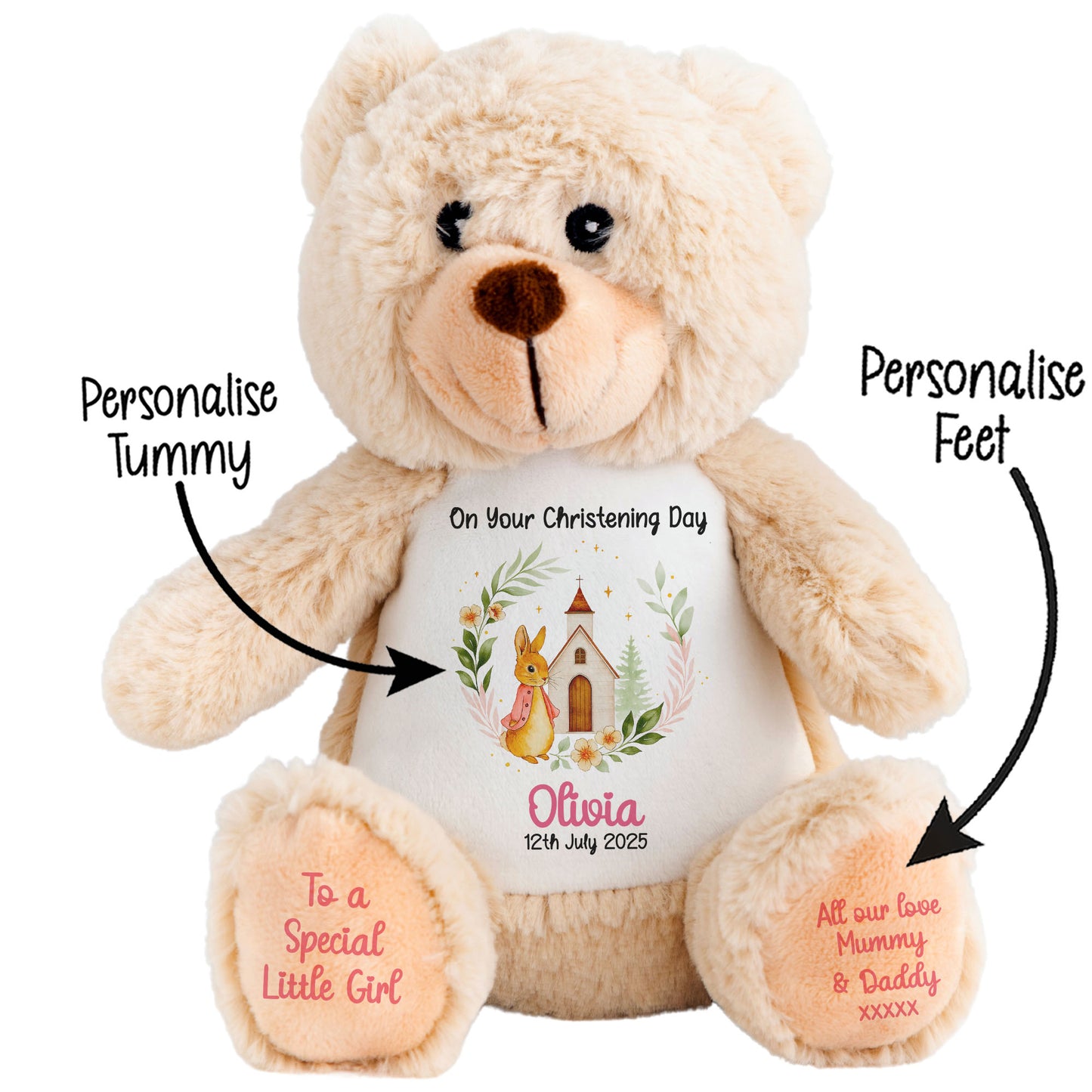 Christening Pink Bunny Church Floral Personalised Brown Bear STOCK-BUNNY-BROWN