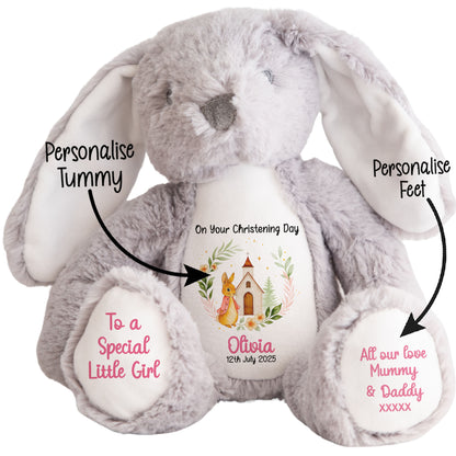 Christening Pink Bunny Church Floral Personalised Grey Bunny STOCK-BUNNY-GREY