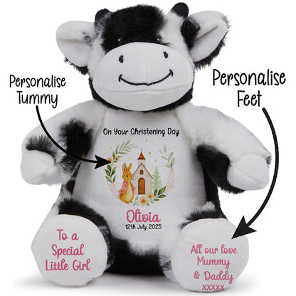 Christening Pink Bunny Church Floral Personalised Cow STOCK-COW