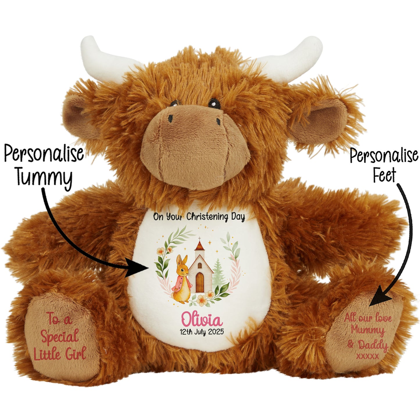 Christening Pink Bunny Church Floral Personalised Highland Cow STOCK-HIGHLAND-COW
