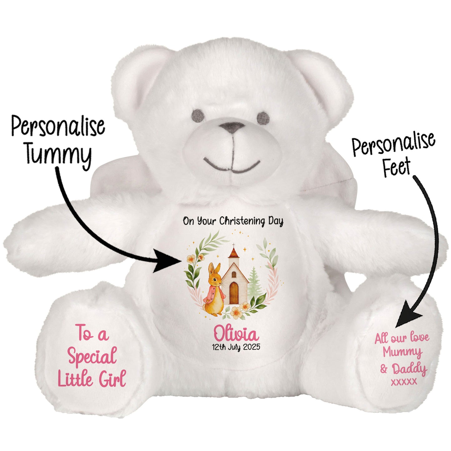 Christening Pink Bunny Church Floral Personalised Angel STOCK-ANGEL