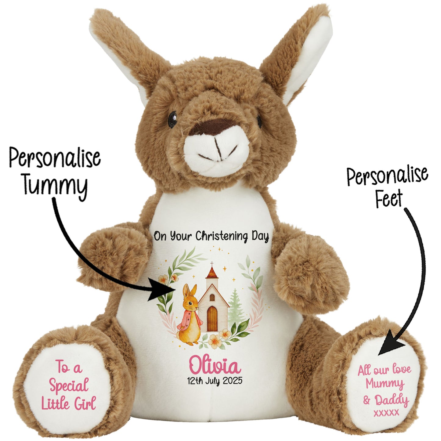 Christening Pink Bunny Church Floral Personalised Kangaroo STOCK-KANGAROO