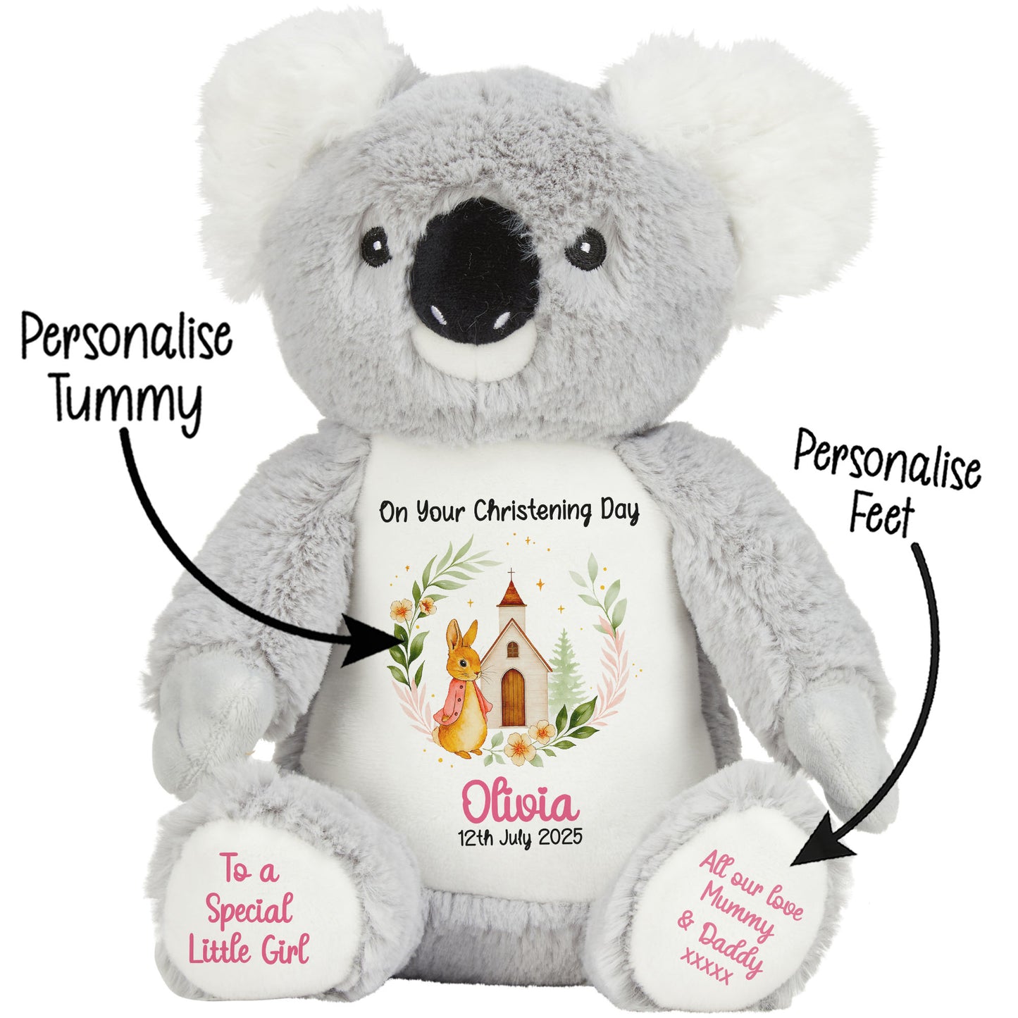 Christening Pink Bunny Church Floral Personalised Koala STOCK-KOALA