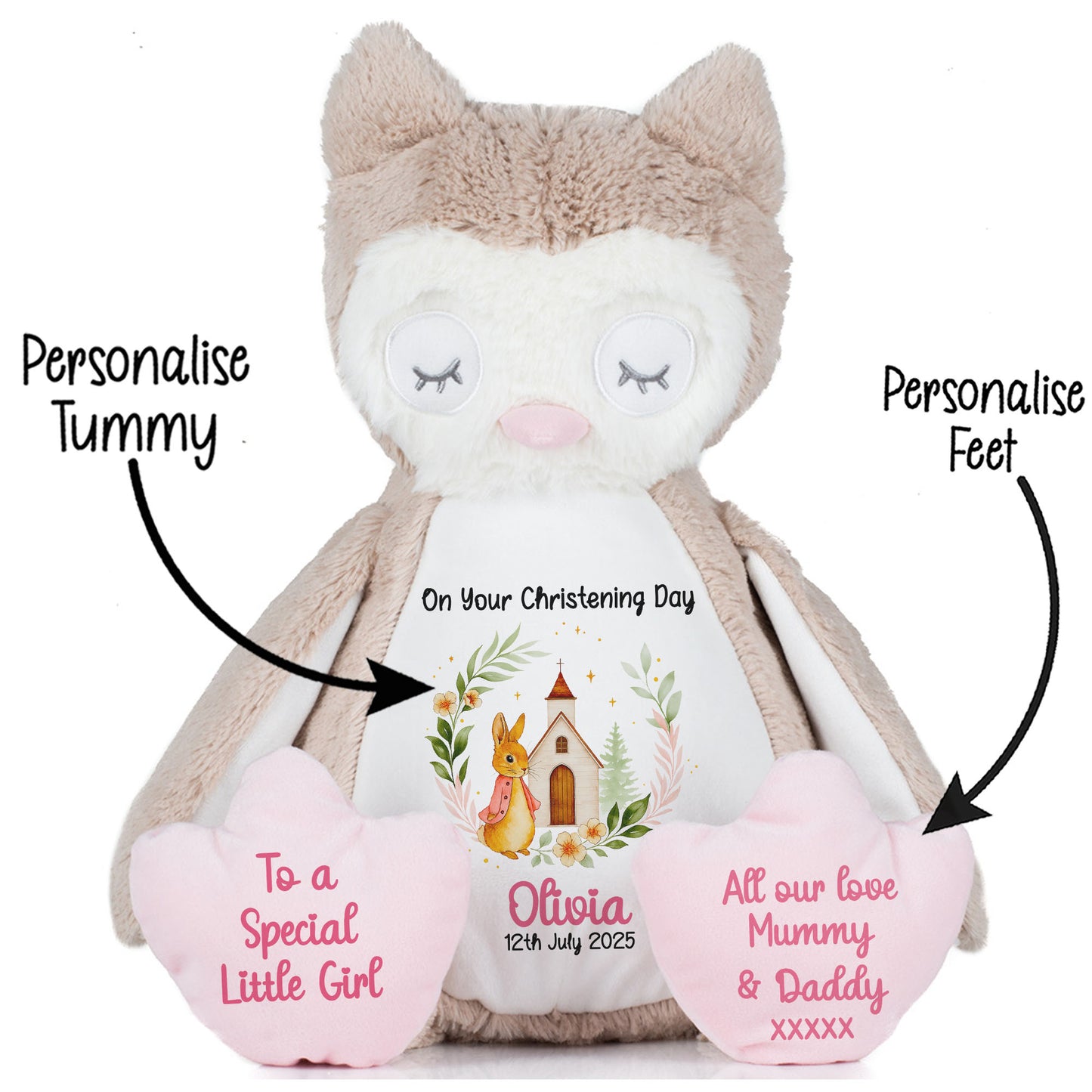 Christening Pink Bunny Church Floral Personalised Owl STOCK-OWL