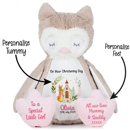Christening Pink Bunny Church Floral Personalised Owl STOCK-OWL