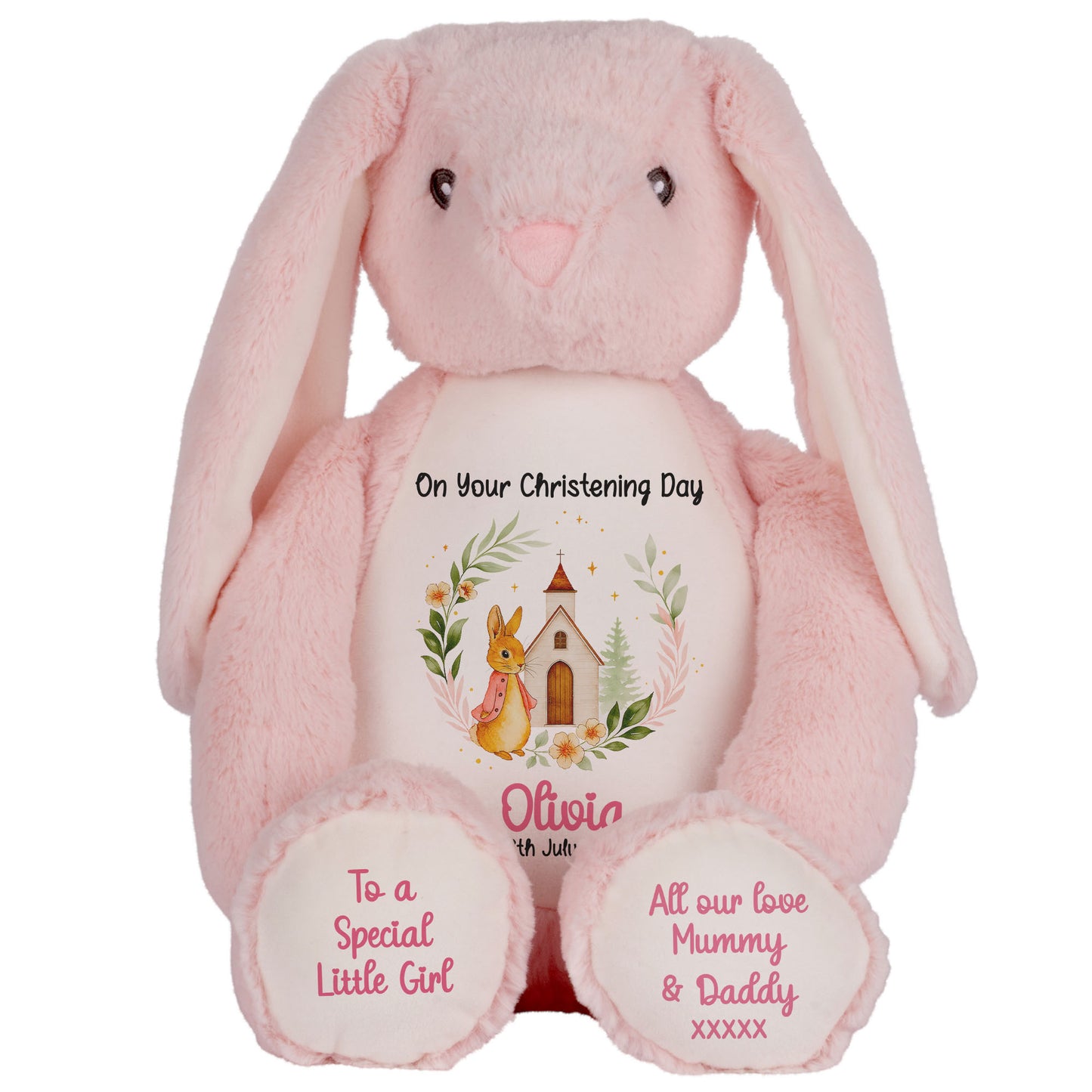 Christening Pink Bunny Church Floral Personalised Pink Bunny
