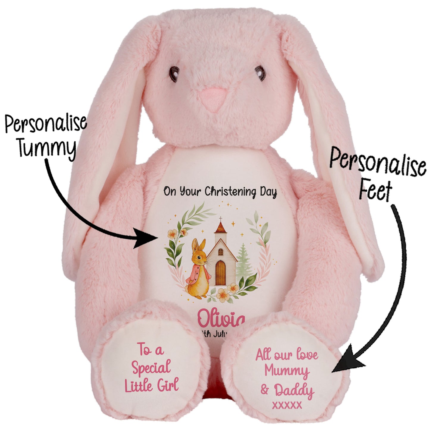 Christening Pink Bunny Church Floral Personalised Pink Bunny STOCK-BUNNY-PINK
