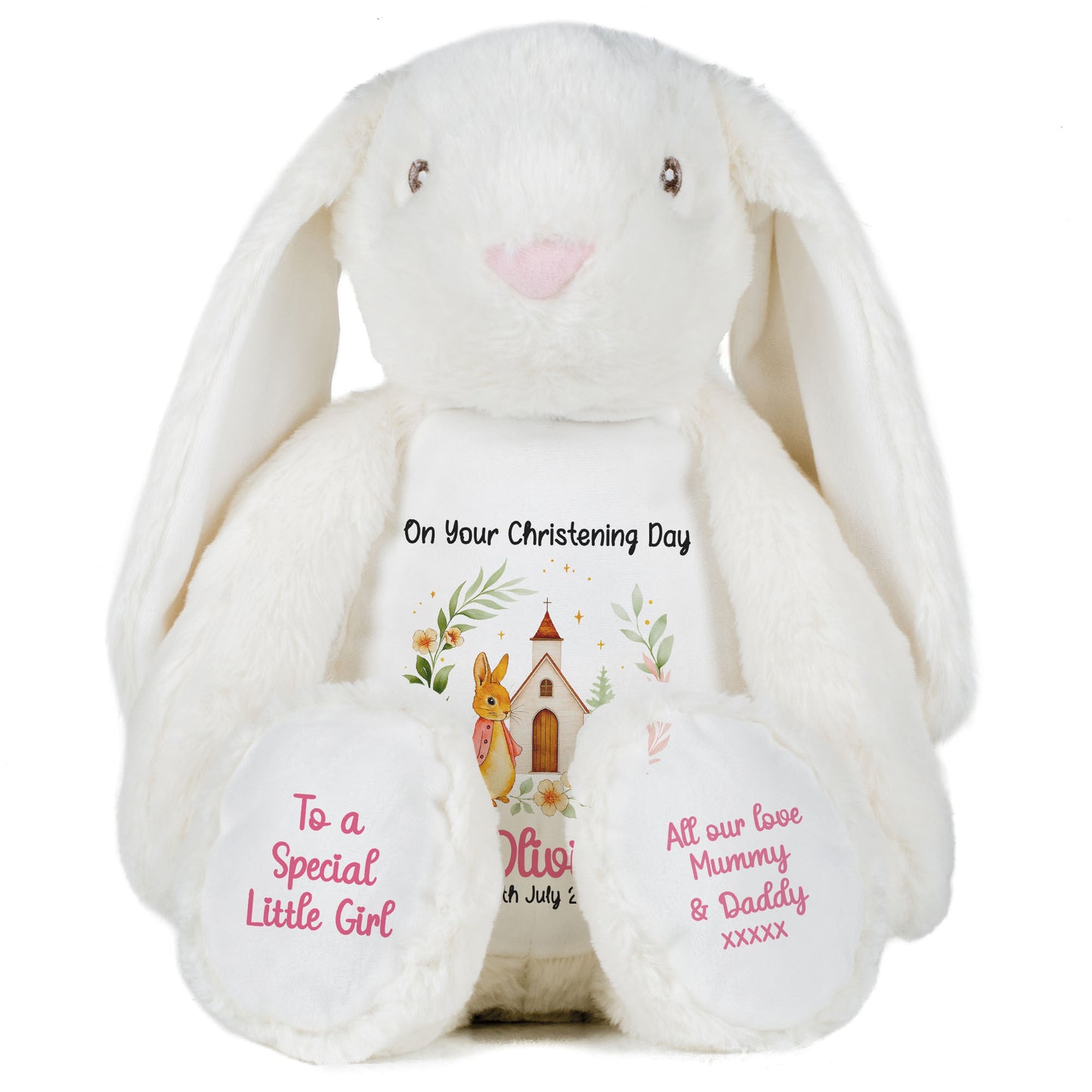 Christening Pink Bunny Church Floral Personalised White Bunny
