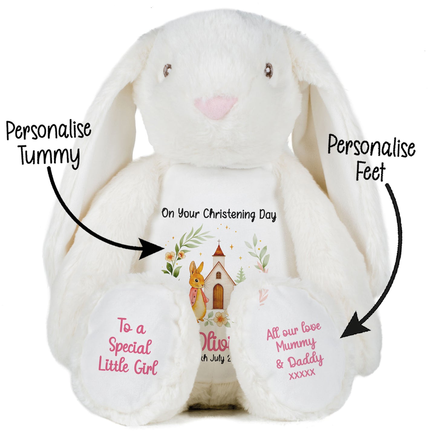 Christening Pink Bunny Church Floral Personalised White Bunny STOCK-BUNNY-WHITE
