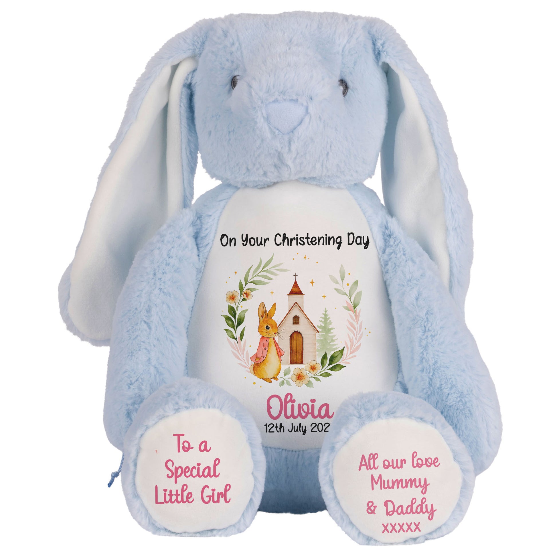 Christening Pink Bunny Church Floral Personalised Blue Bunny
