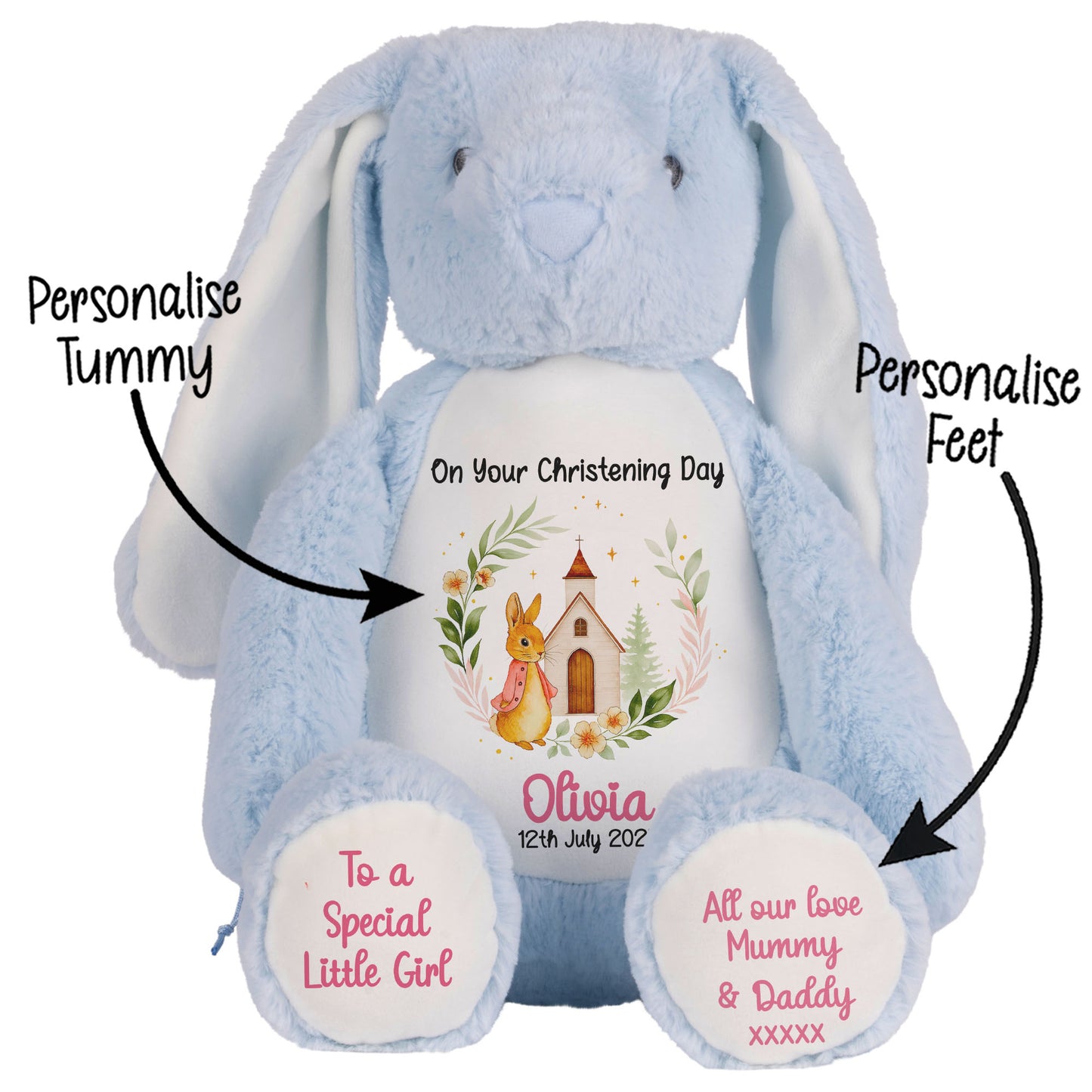 Christening Pink Bunny Church Floral Personalised Blue Bunny STOCK-BUNNY-BLUE