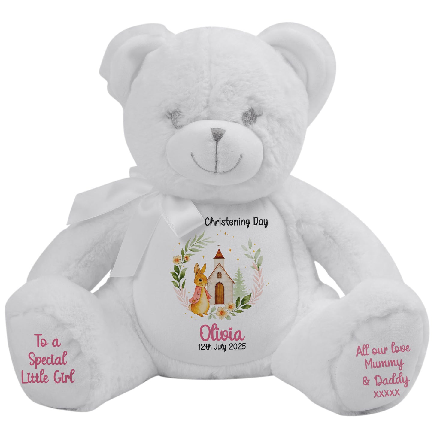 Christening Pink Bunny Church Floral Personalised White Bear