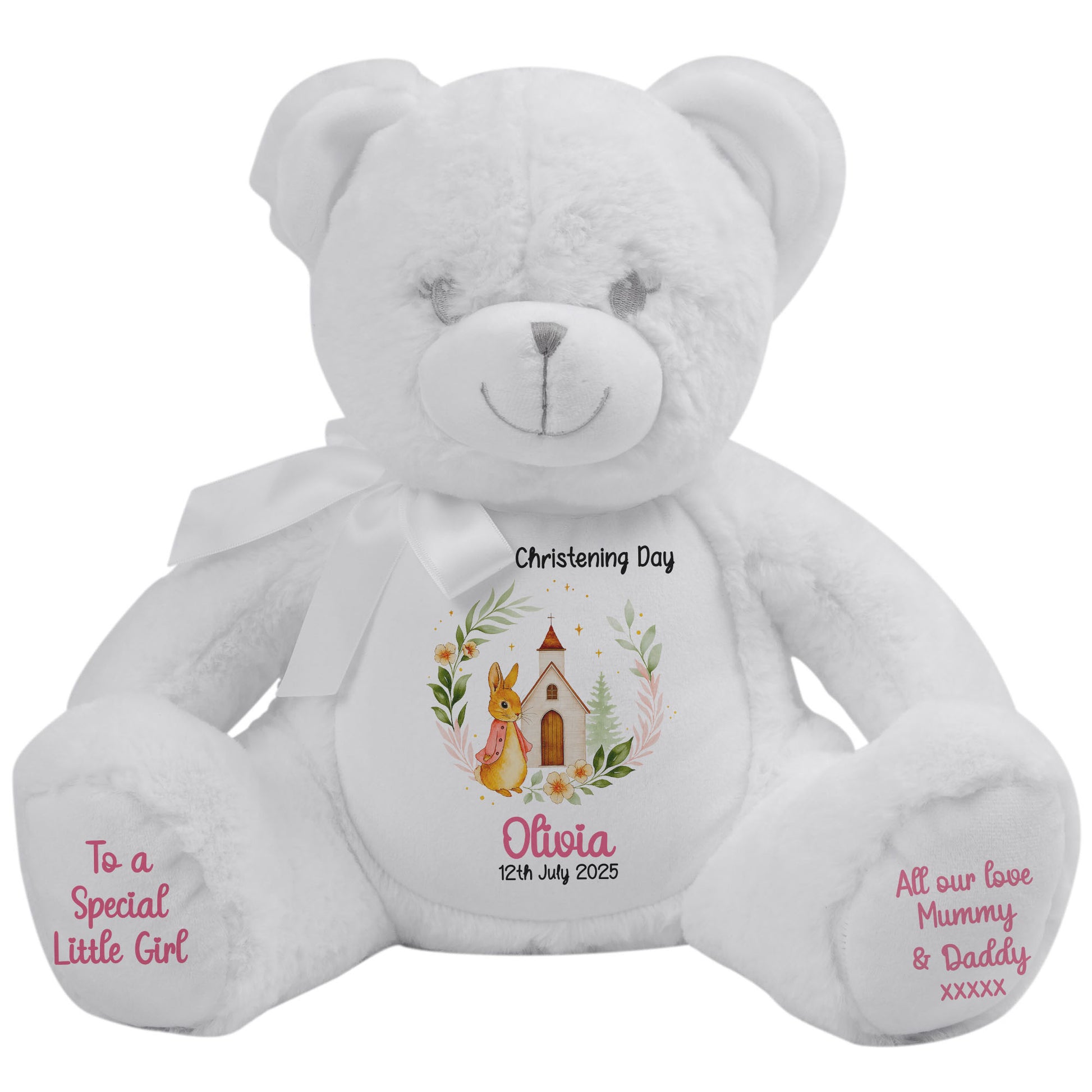 Christening Pink Bunny Church Floral Personalised White Bear
