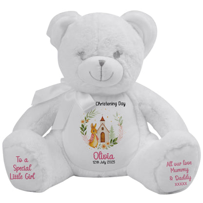 Christening Pink Bunny Church Floral Personalised White Bear