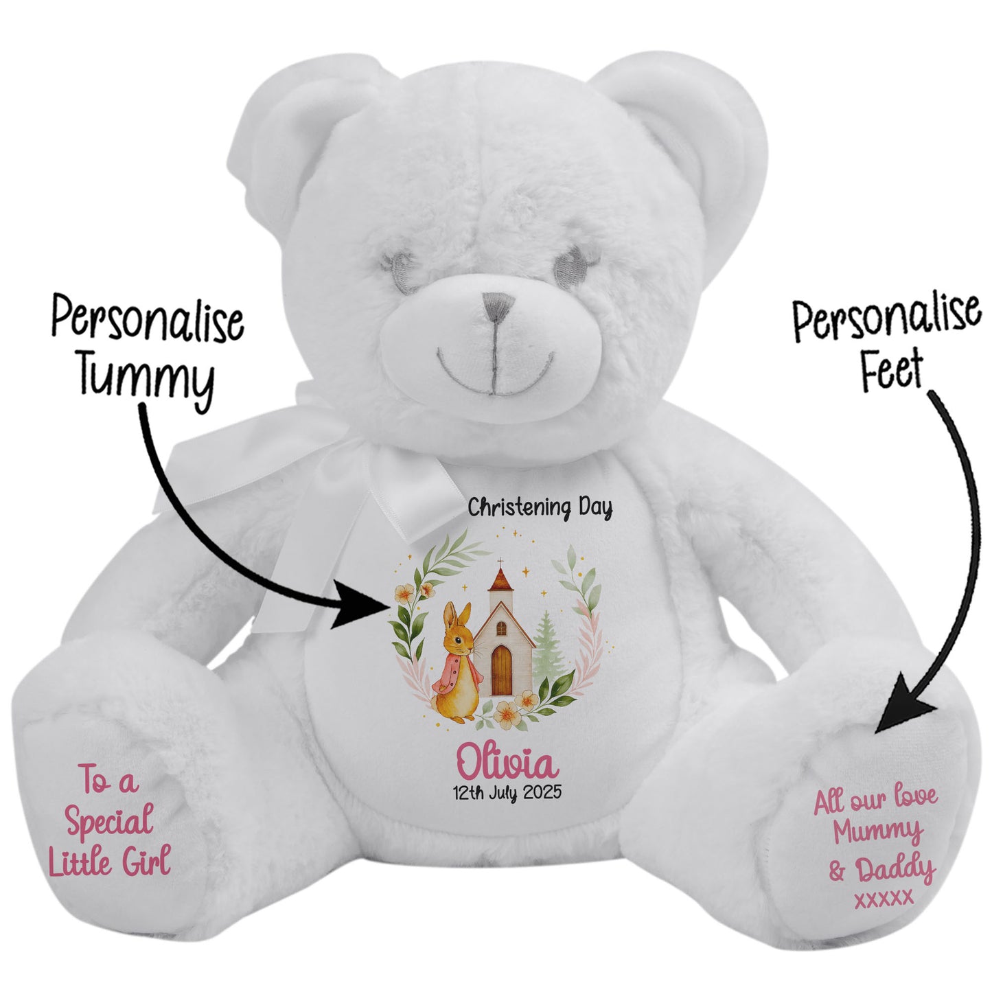 Christening Pink Bunny Church Floral Personalised White Bear STOCK-WHITE