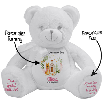 Christening Pink Bunny Church Floral Personalised White Bear STOCK-WHITE
