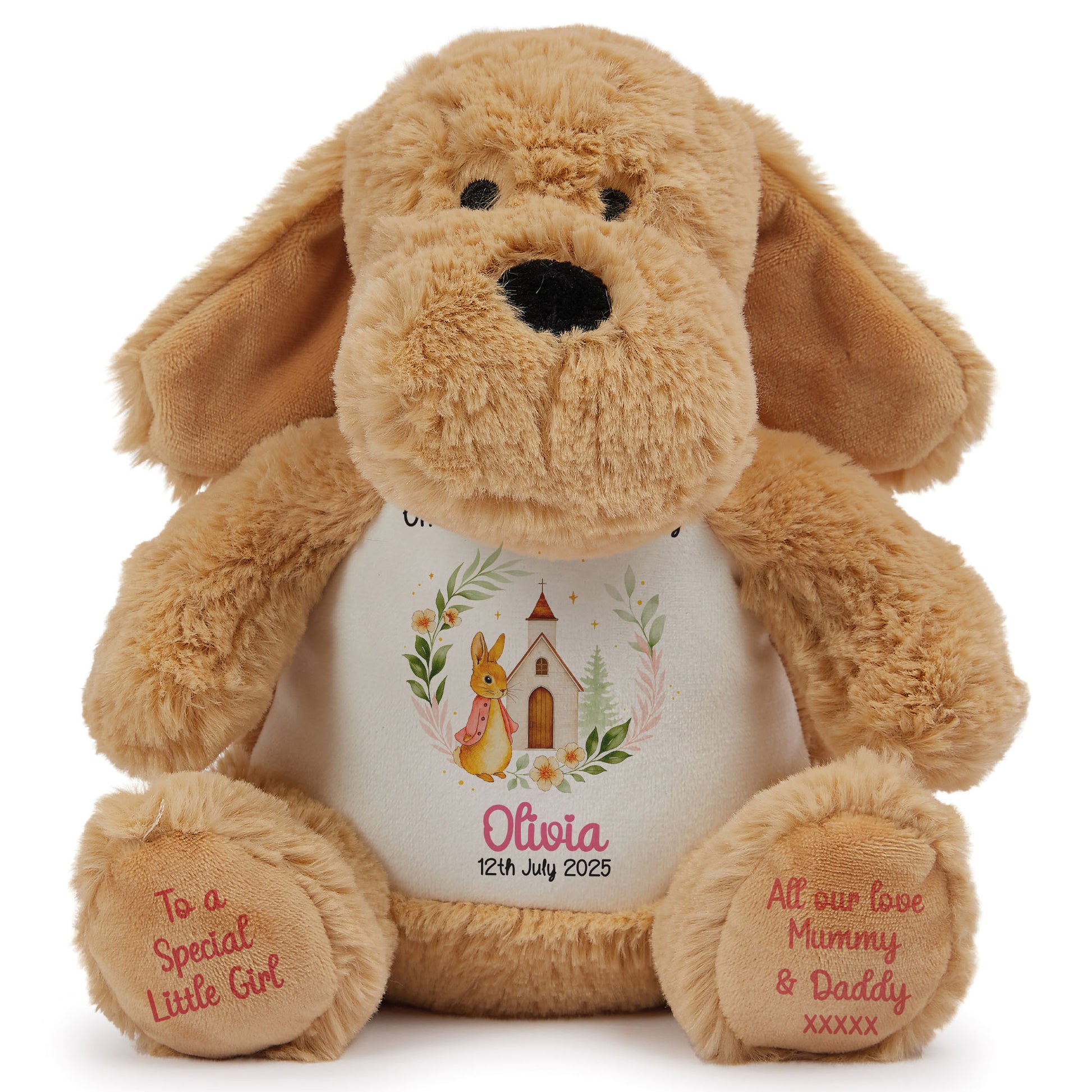 Christening Pink Bunny Church Floral Personalised Dog