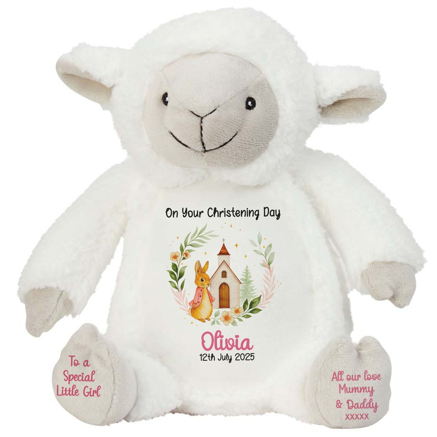 Christening Pink Bunny Church Floral Personalised Lamb