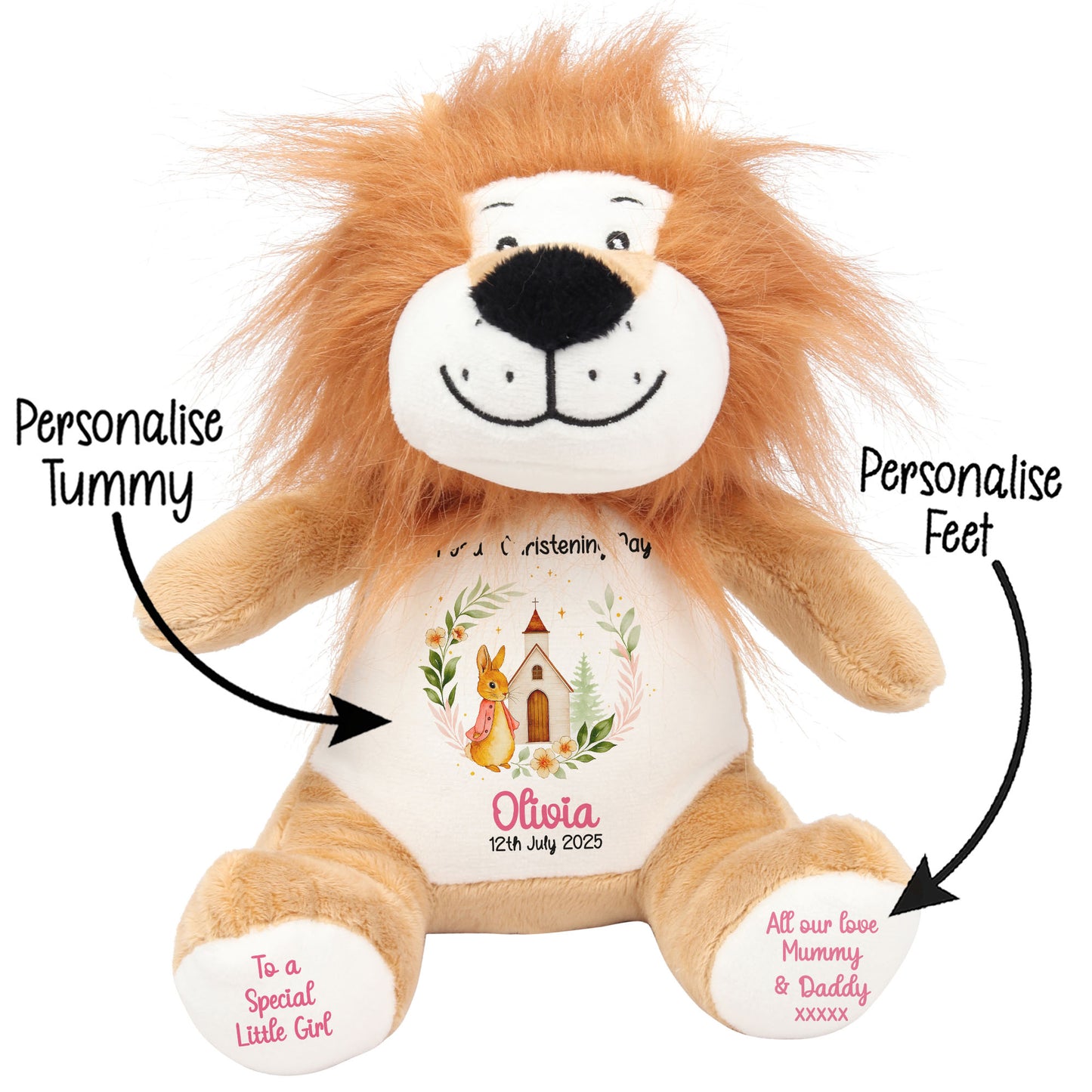 Christening Pink Bunny Church Floral Personalised Lion STOCK-LION
