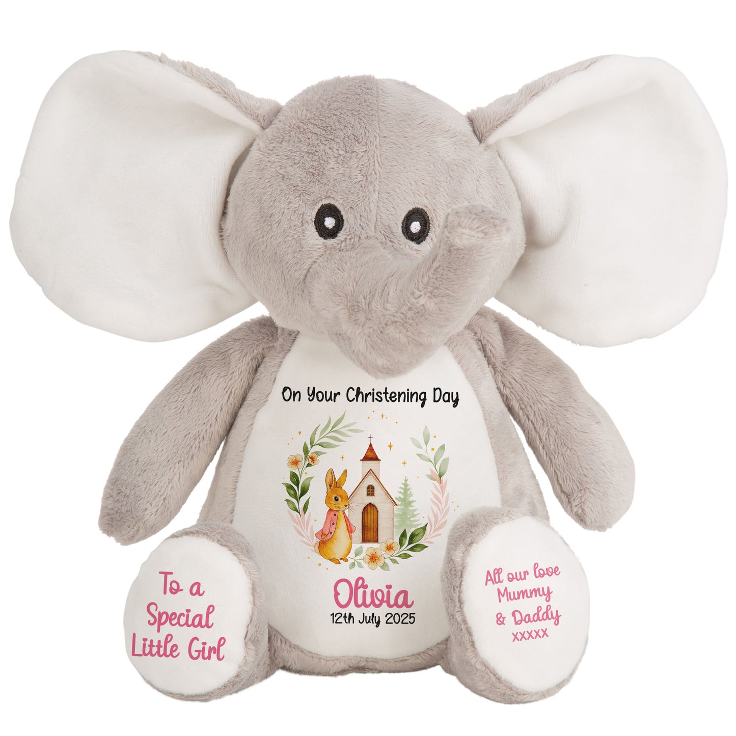Christening Pink Bunny Church Floral Personalised Elephant
