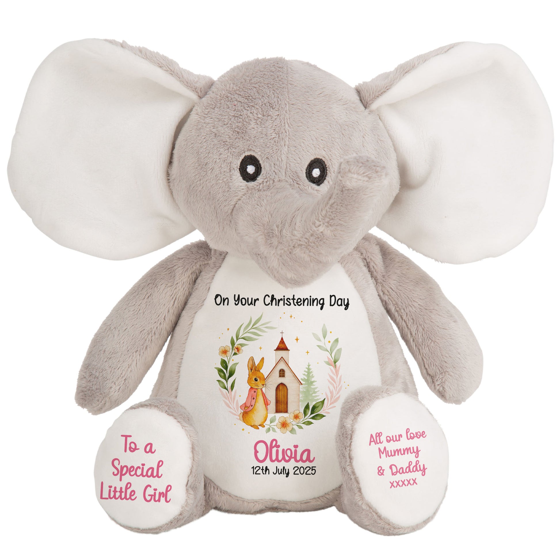 Christening Pink Bunny Church Floral Personalised Elephant