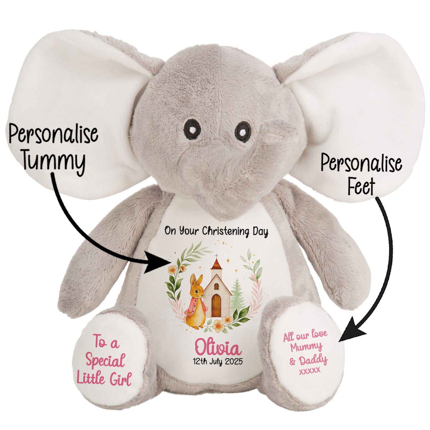 Christening Pink Bunny Church Floral Personalised Elephant STOCK-ELEPHANT