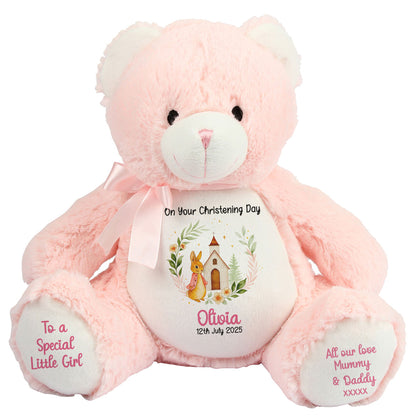 Christening Pink Bunny Church Floral Personalised Pink Bear