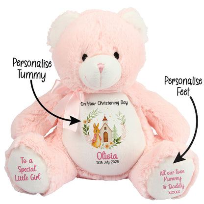 Christening Pink Bunny Church Floral Personalised STOCK-PINK Pink Bear