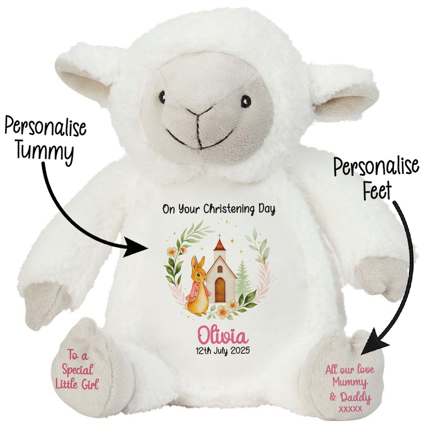 Christening Pink Bunny Church Floral Personalised Lamb STOCK-LAMB