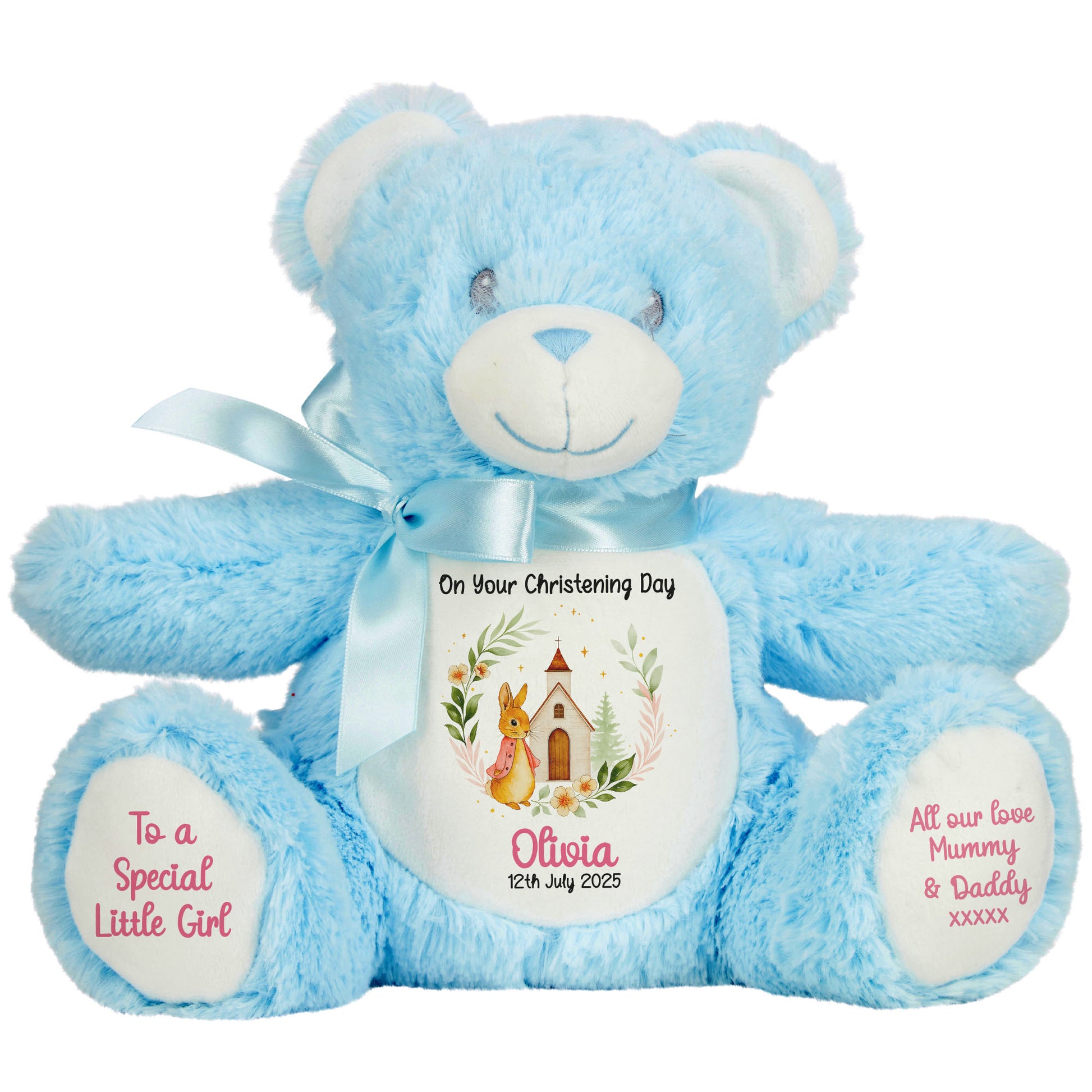 Christening Pink Bunny Church Floral Personalised Blue Bear
