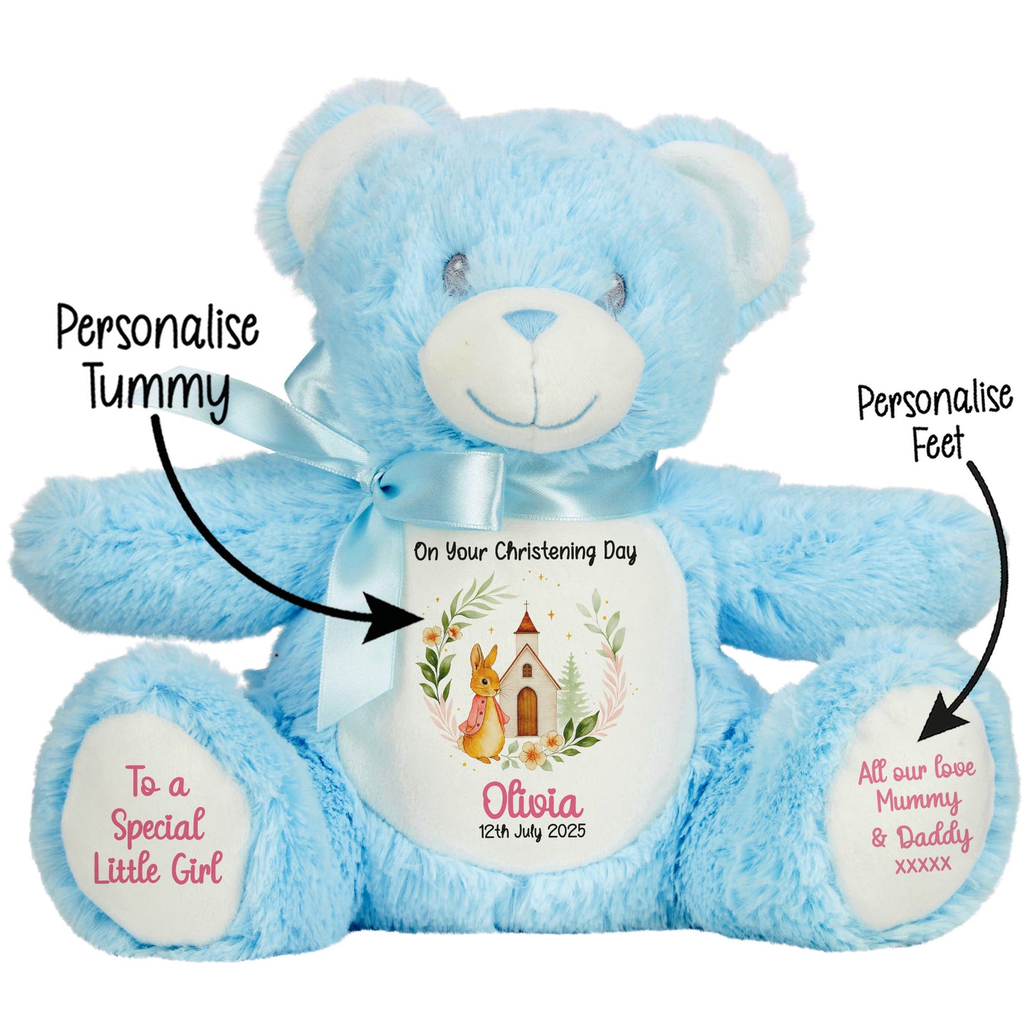 Christening Pink Bunny Church Floral Personalised STOCK-BLUE Blue Bear
