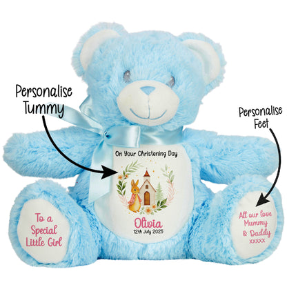 Christening Pink Bunny Church Floral Personalised STOCK-BLUE Blue Bear