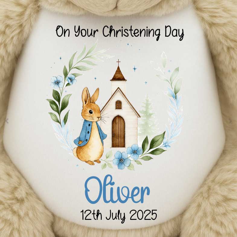 Personalised christening gift with a rabbit character, church, and floral elements on a soft teddy bear.