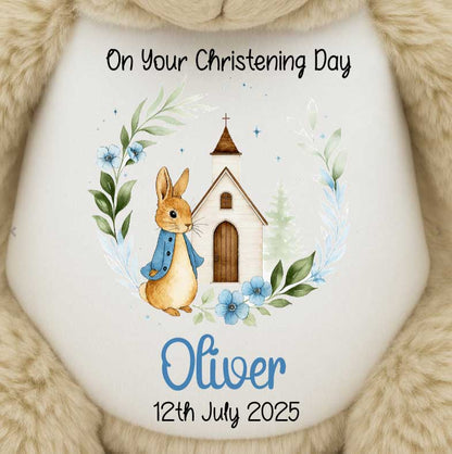 Personalised christening gift with a rabbit character, church, and floral elements on a soft teddy bear.