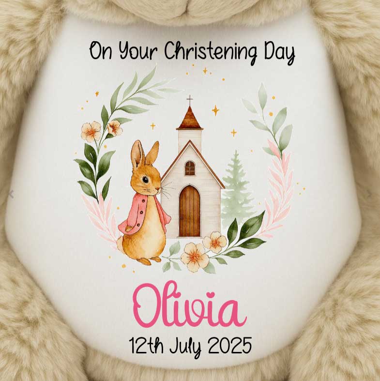 Christening Pink Bunny Church Floral Personalised Teddy Bears