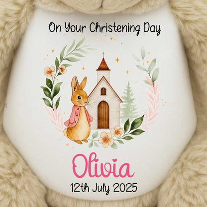 Christening Pink Bunny Church Floral Personalised Teddy Bears