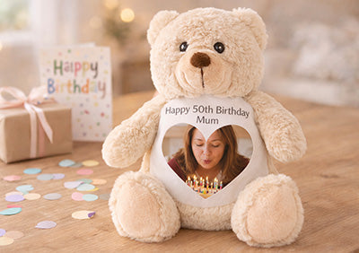 Brown teddy bear with a photo printed on the tummy displaying a birthday card and a woman, on a wooden surface with confetti.