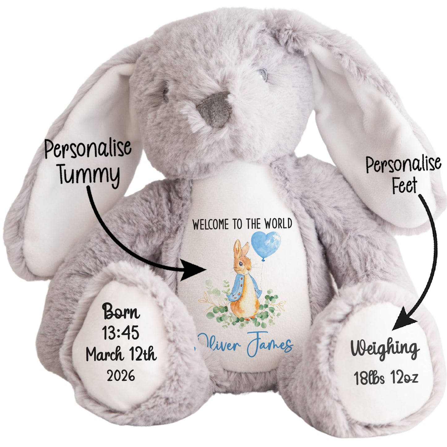 Gray plush bunny with customizable text on a white background STOCK-BUNNY-GREY