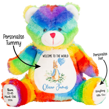 Rainbow teddy bear with personalized details on a white background STOCK-RAINBOW