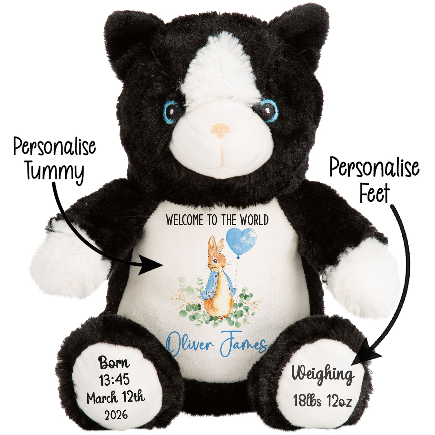 Black and white plush toy with customizable text on a white background STOCK-CAT