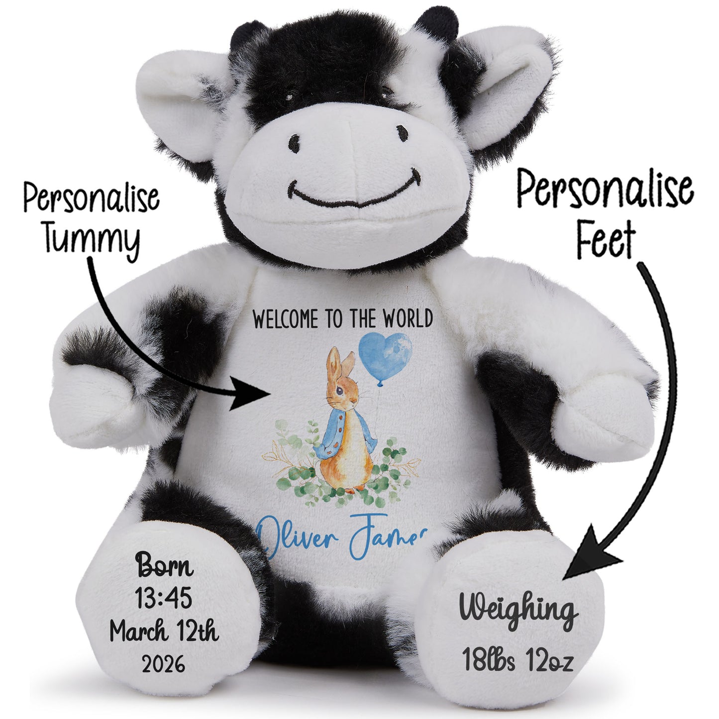 Black and white cow plush toy with personalized text on a white background STOCK-COW