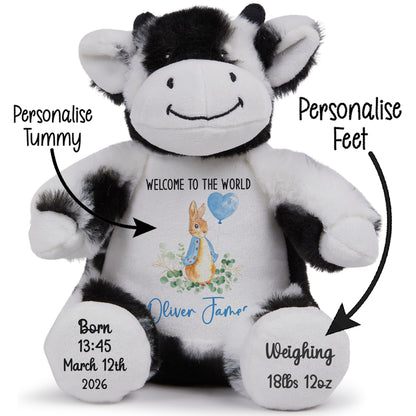 Black and white cow plush toy with personalized text on a white background STOCK-COW