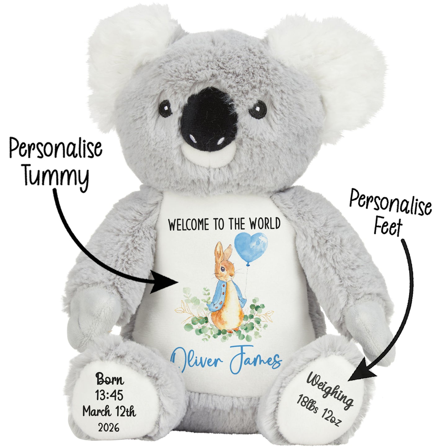 Plush koala toy with a customizable tummy and feet on a white background STOCK-KOALA
