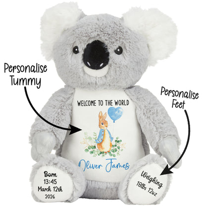 Plush koala toy with a customizable tummy and feet on a white background STOCK-KOALA